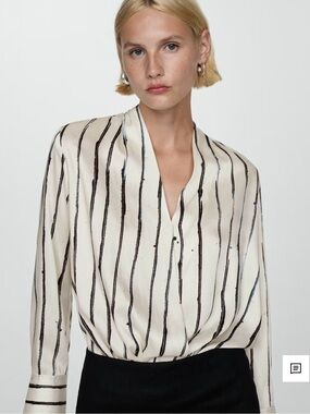 Mango Ivory and Black Vertical Stripe V-Neck Blouse